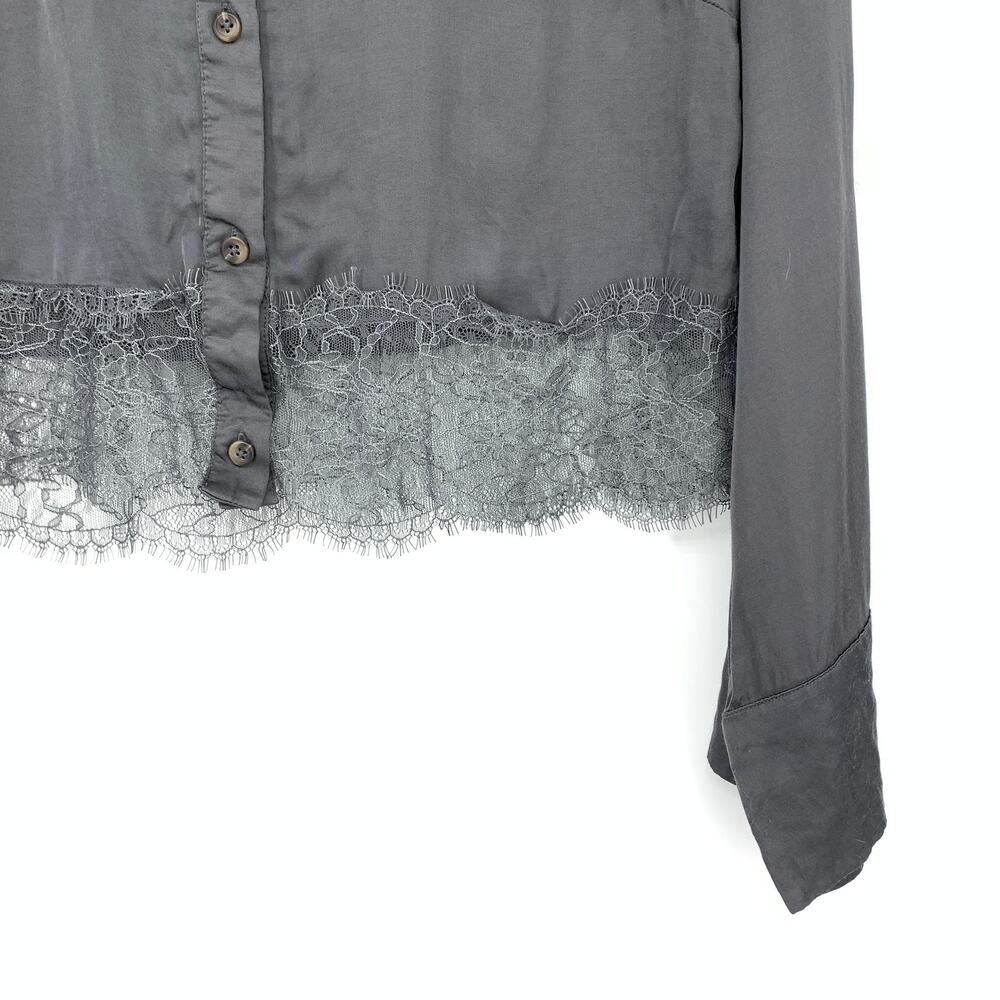 By Anthropologie Satin + Lace Pajama Set Cropped Top W/Shorts Gray Size Medium - Picture 11 of 13